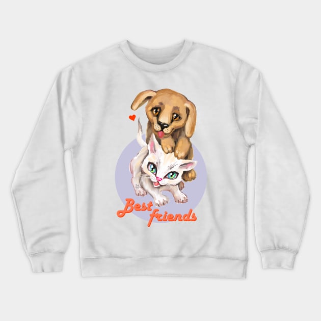 Cute small cat and dog. Sweet little baby pets. Kitten and puppy friends. Crewneck Sweatshirt by Rukki Zukki Art